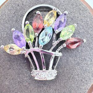 VTG Sterling Silver 925 Multi-Gemstone Flower Basket Pendant Size 0.75" Length